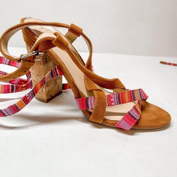 GUESS Heels Brown Suede Block Sandals Shoes Tie Ankle Open Toe Women Size 8.5 - Picture 1 of 6
